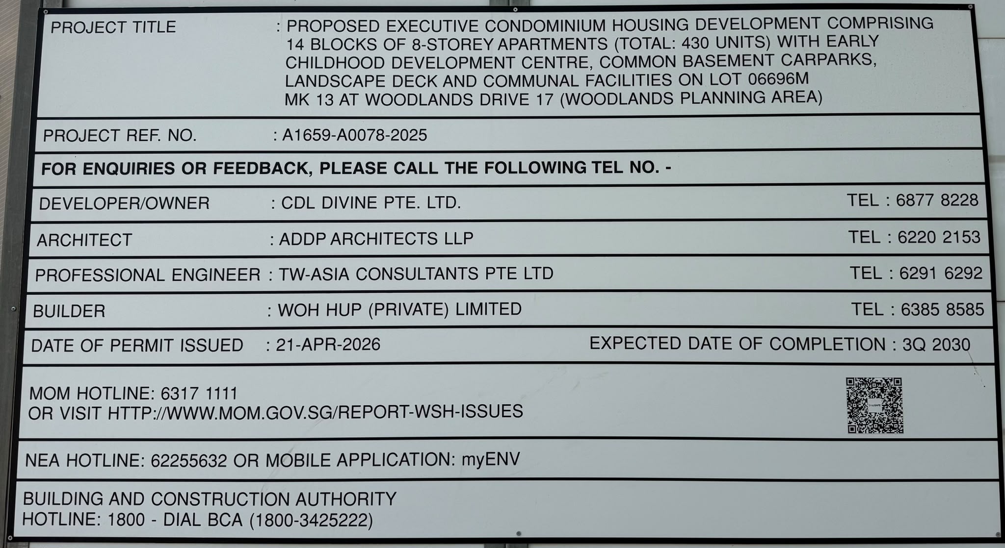 Wynwood Grand site permit board at Woodlands Drive 17